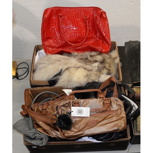 1087 - Luggage. Two Kipling camel metallic hayun shoulder bags, five various other bags and a fur jacket, e... 