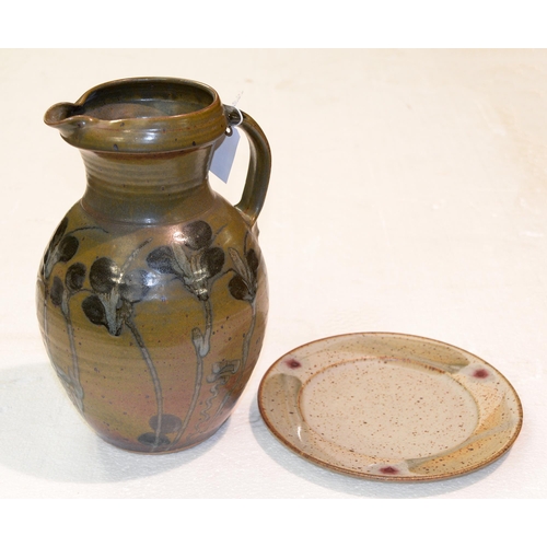 1098 - Studio pottery. Jug, stoneware, painted and ash glazed, 39cm h, impressed potter's seal and a studio... 