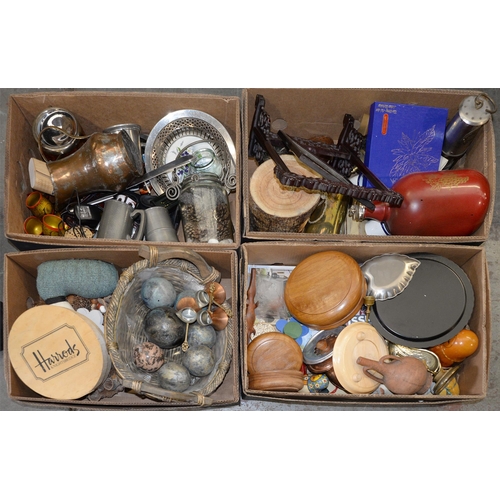 1114 - Miscellaneous wood, metal and other bygones, to include a miner safety lamp, Chinese pierced wood ta... 