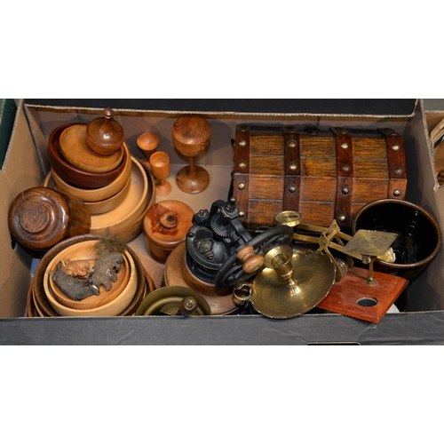 1119 - Treen. A collection of bowls and other fine turnery, two flatirons and miscellaneous other items... 