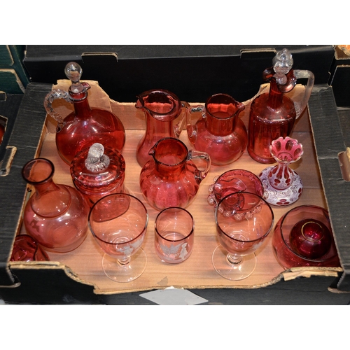 1120 - A collection of cranberry glassware, mostly late 19th/early 20th c, to include a pair of Mary Gregor... 