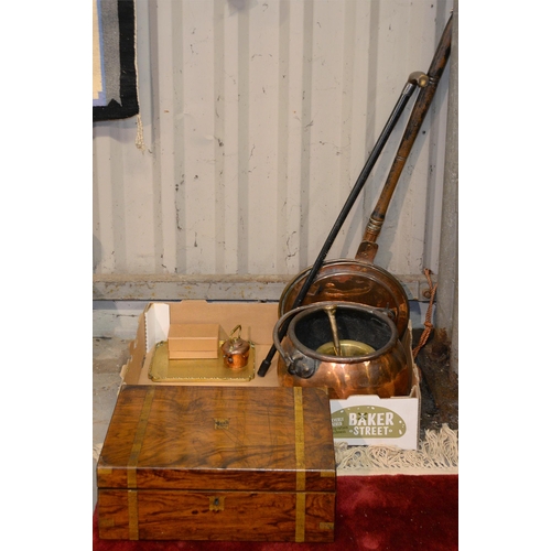 1140 - A Victorian brass bound walnut writing box, a 19th c brass pestle and mortar, copper articles, etc... 