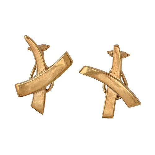 116 - Tiffany & Co. A pair of 18ct gold X 'kiss' ear clips, designed by Paloma Picasso, 29mm h, maker'... 