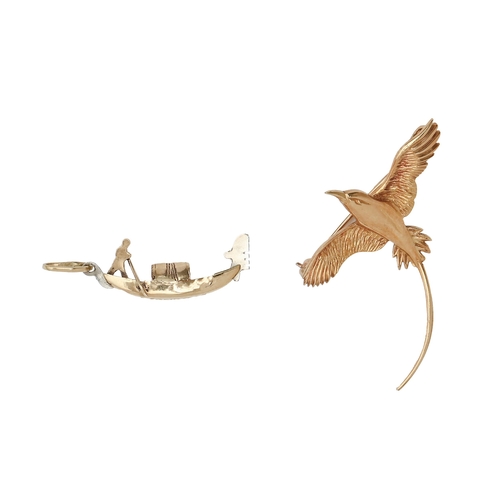 129 - A gold bird-of-paradise brooch and a gold gondola pendant, 26 and 35mm l, marked 750 or 18K, 5g... 