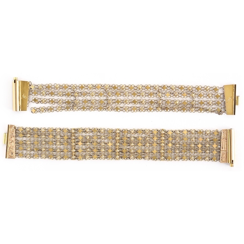 133 - Two similar gold four or five strand bracelets, probably Greek, 19cm l, one engraved on clasp with i... 