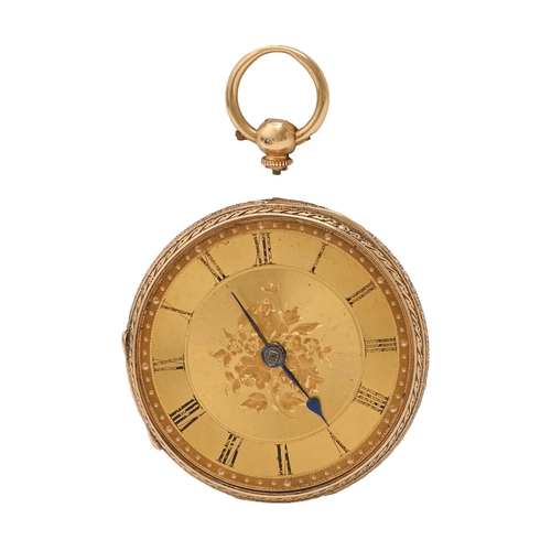 135 - A Victorian 18ct gold lever watch, with engraved dial in engraved case, 39mm diameter, London 1874, ... 