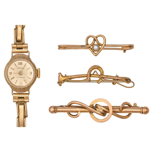 136 - A gold knot brooch, 44mm l, marked 9ct, two gold pins and an Opolis 9ct gold lady's wristwatch, on g... 