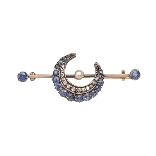 138 - A Victorian sapphire, diamond and pearl bar brooch, in gold, the knife bar with sapphire terminals, ... 