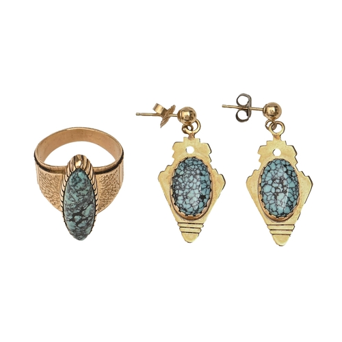 142 - A turquoise matrix ring and a pair of earrings, both in gold, ring marked 14K, 10.4g, ring size I... 