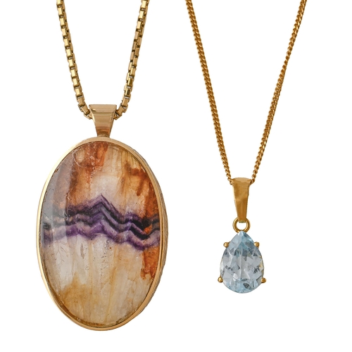 150 - A Blue John pendant, in 9ct gold, 37mm h, Sheffield 1977, 9ct gold necklet, 19.7g and an aquamarine ... 