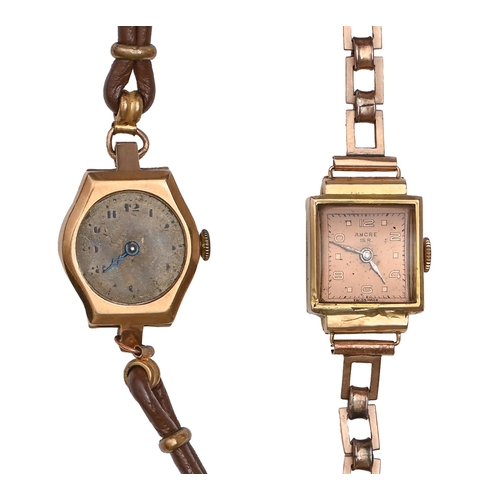 154 - An Ancre 18ct gold square lady's wristwatch, with pink dial, 16 x 21cm, on a gold bracelet marked 9c... 