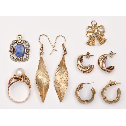 156 - Three pairs of gold earrings, a cultured pearl ring and two gem set gold pendants, 21g... 