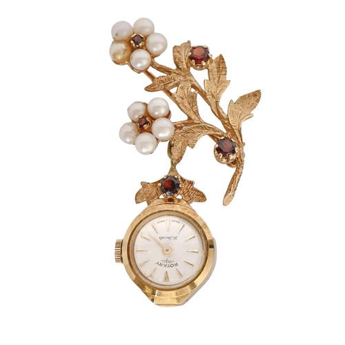 157 - A Rotary 9ct gold pendant watch, suspended from a garnet, cultured pearl and 9ct gold bough, 43mm h,... 