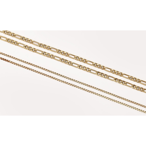 158 - Two gold chains, 67.5cm l, one 9ct the other with Egyptian control mark, 18.6 and 14.8g respectively... 