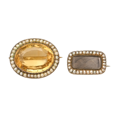 159 - A Victorian citrine and split pearl brooch and a smaller oblong mourning brooch inset with plai... 