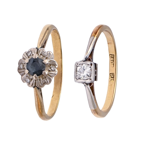 16 - A diamond ring, gold hoop marked 18ct PLAT and a sapphire and diamond ring, in 18ct gold, London 196... 