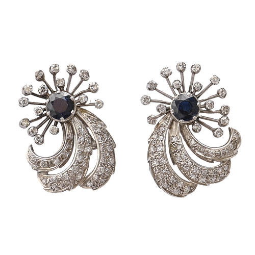 163 - A pair of sapphire and diamond earrings, in white gold, 29mm h, 10.8g