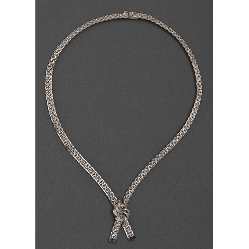 165 - A sapphire knot necklace, in white gold, 50cm l, marked 750, 43.3g