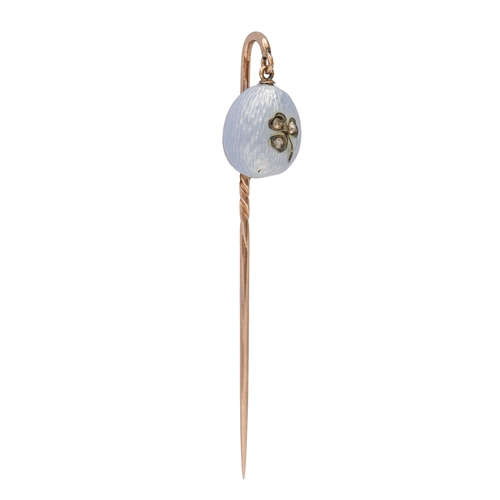 167 - A Russian gold stickpin, c1900, with diamond set gold and blue guilloche enamel egg terminal, 66mm o... 