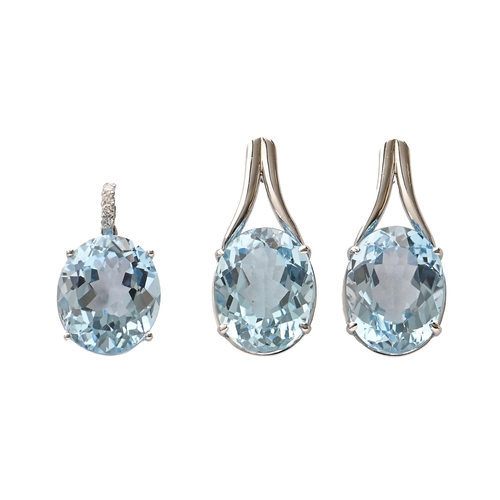 169 - A pair of aquamarine earrings and a pendant en suite, in white gold, earrings 26mm h, marked 18K, 12... 