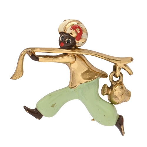 171 - A gold and enamel comical running boy brooch, 24mm h, indistinctly marked, 4.8g