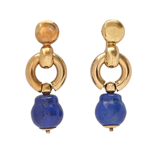 172 - A pair of lapis lazuli and gold earrings, of ring-and-stud design, screw fitting, 37mm h, marked ITA... 