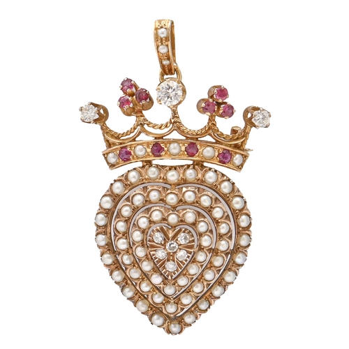 175 - A ruby, diamond and split pearl crown-and- heart brooch-pendant, late 20th c, in 18ct gold, 39mm hig... 