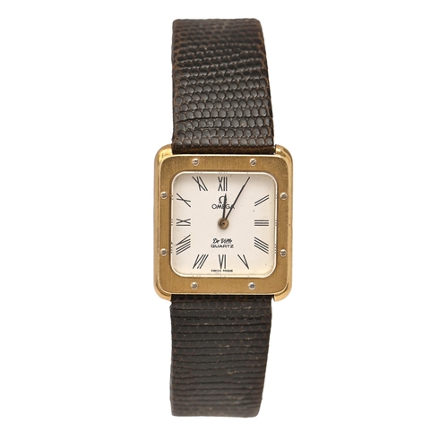 176 - An Omega 18ct gold square lady's wristwatch, De Ville Quartz, 22 x 22mm, on leather strap with gold-... 