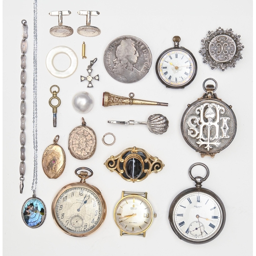 181 - Miscellaneous jewellery, to include silver brooches, pocket watches, gold plated watch and lockets, ... 