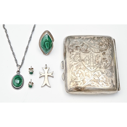 182 - A malachite ring, pendant and pair of earrings, in silver, a silver cross and a silver cigarette cas... 