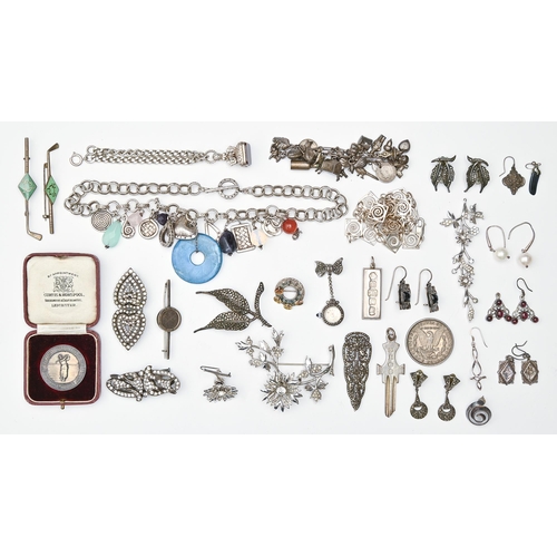 184 - Miscellaneous costume jewellery, including silver articles, United States Dollar 1880, a silver fob ... 