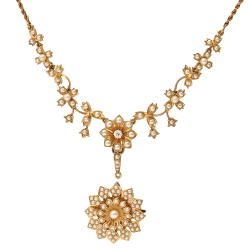 186 - An Edwardian diamond and split pearl necklet and flower shaped brooch, in gold, fully articulated, 4... 