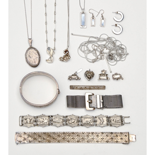 192 - Miscellaneous silver articles, to include three bracelets, bangles, brooches, locket and silver and ... 