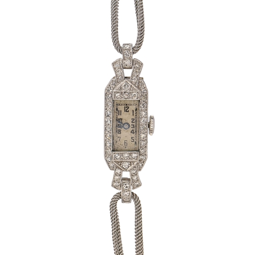 201 - An art deco diamond cocktail watch, millegrain set, in platinum, 11 x 39mm, on 9ct white gold cord b... 