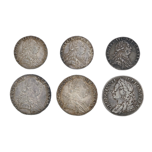 222 - George II, Shillings, 1758 Fine; George III, 1/- 1787 EF, another good EF; Sixpences, 1787 good VF, ... 