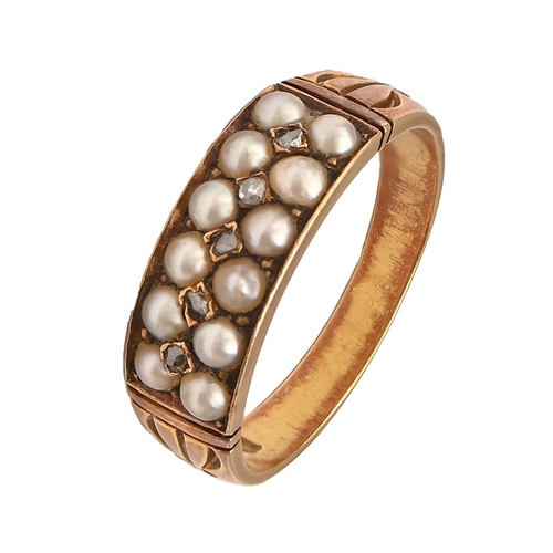 23 - A Victorian diamond and split pearl twin row ring, in 18ct gold, Birmingham 1883, 3.8g, size L... 