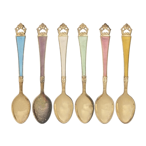 238 - A set of six Danish silver gilt and harlequin guilloche enamel coffee spoons, mid 20th c, by Frigast... 