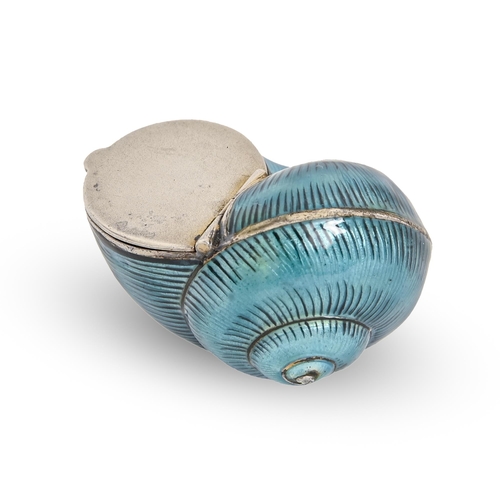 245 - A German silver and guilloche enamel snail-shaped comfit box, early 20th c, 44mm l, maker's mark and... 