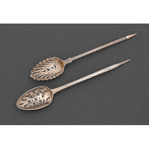 278 - Two George III silver mote spoons, bright cut and Feather Edge pattern, 137 and 144mm l, both engrav... 