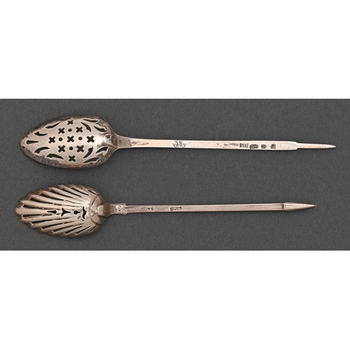 278 - Two George III silver mote spoons, bright cut and Feather Edge pattern, 137 and 144mm l, both engrav... 