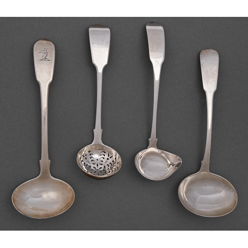 281 - Three Irish George III silver sauce ladles, Fiddle pattern, one crested, by various makers, all Dubl... 