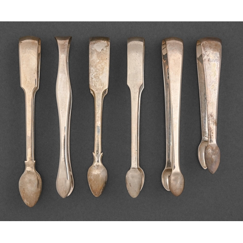 285 - Six pairs of George III and George IV silver sugar tongs, all plain, five London, mostly maker's mar... 