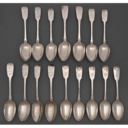 287 - Three sets of English and Irish George III, George IV and Victorian silver teaspoons, Fiddle and Fid... 