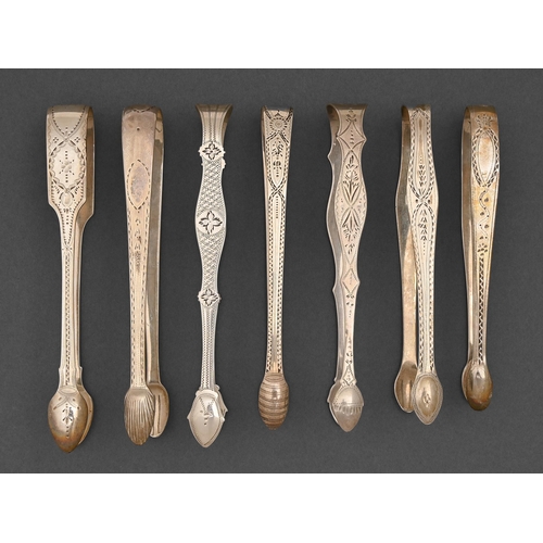 288 - Seven pairs of George III engraved silver sugar tongs, by various makers, mostly maker's mark and li... 