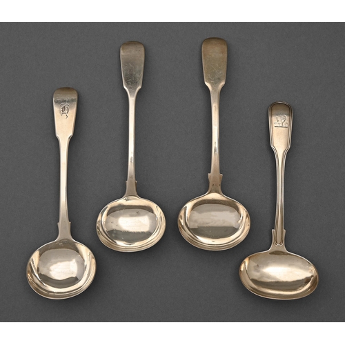 295 - One George IV and three Victorian silver sauce ladles, Fiddle and Fiddle and Thread pattern, all Lon... 