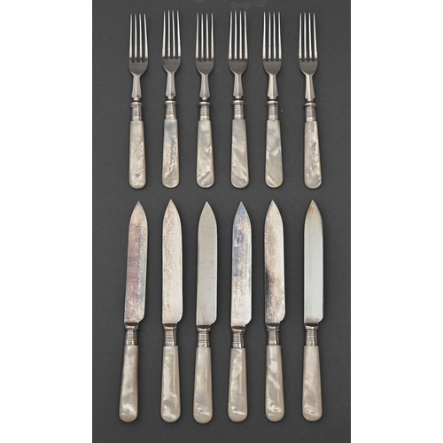 305 - A set of six Edwardian mother-of-pearl hafted EPNS dessert knives and forks, with silver ferrules... 