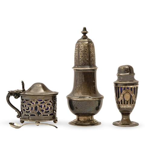 312 - A George II silver pepper caster and cover, 11cm h, by Samuel Wood, London 1756 and a later, smaller... 