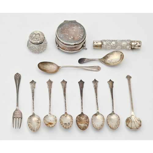 316 - Miscellaneous small silver flatware, a trinket box and a silver capped scent bottle, by various make... 