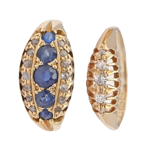 33 - A sapphire and diamond ring, c1900, in 18ct gold, marks rubbed and a contemporary diamond ring in 18... 