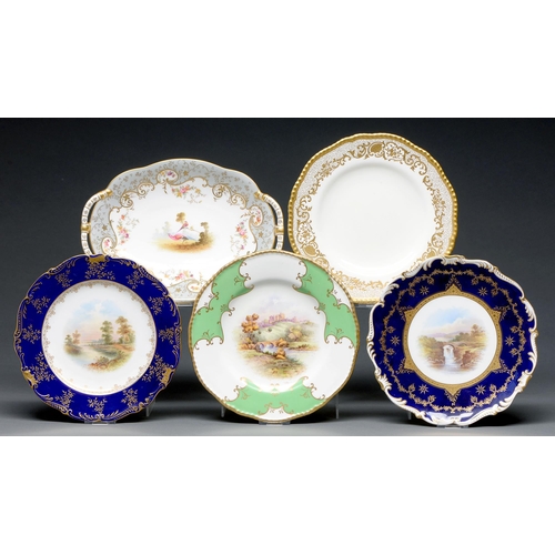 367 - Four Coalport dessert plates and a dish, late 19th and early 20th c, including two cobalt bordered p... 